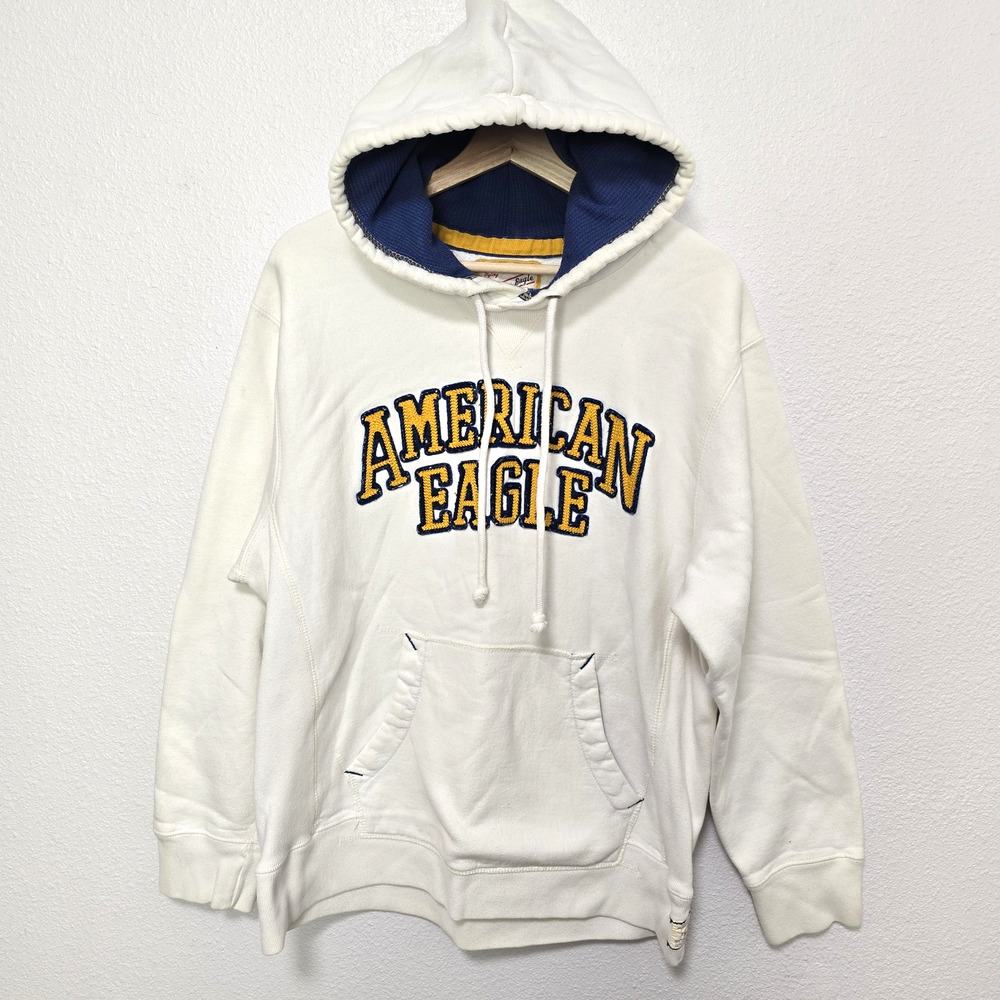 VTG Y2K American Eagle Outfitters Mens L Distressed Heavyweight Hoodie White